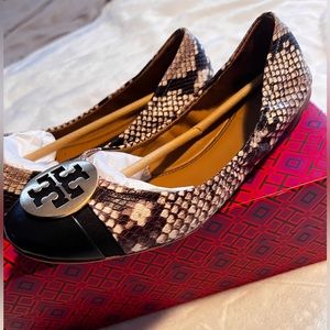 Tory Burch Minnie Cap-Toe Ballet. Stamped Snake Printed Leather/Napa leather.